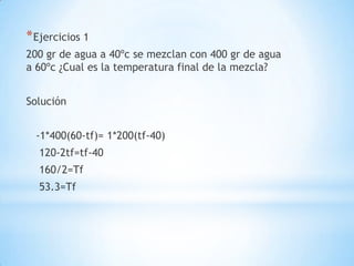 *Ejercicios 1
200 gr de agua a 40ºc se mezclan con 400 gr de agua
a 60ºc ¿Cual es la temperatura final de la mezcla?
Solución
-1*400(60-tf)= 1*200(tf-40)
120-2tf=tf-40
160/2=Tf
53.3=Tf
 