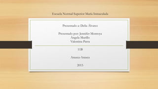 Escuela Normal Superior María Inmaculada
Presentado a: Delia Álvarez
Presentado por: Jennifer Montoya
Ángela Murillo
Valentina Parra
11B
Arauca-Arauca
2015
 
