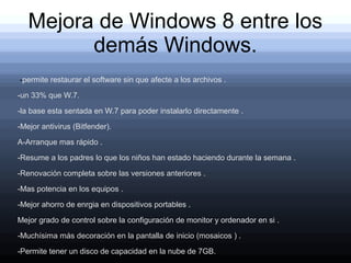 Mejora de Windows 8 entre los
         demás Windows.
-permite restaurar el software sin que afecte a los archivos .

-un 33% que W.7.

-la base esta sentada en W.7 para poder instalarlo directamente .

-Mejor antivirus (Bitfender).

A-Arranque mas rápido .

-Resume a los padres lo que los niños han estado haciendo durante la semana .

-Renovación completa sobre las versiones anteriores .

-Mas potencia en los equipos .

-Mejor ahorro de enrgia en dispositivos portables .

Mejor grado de control sobre la configuración de monitor y ordenador en si .

-Muchísima más decoración en la pantalla de inicio (mosaicos ) .

-Permite tener un disco de capacidad en la nube de 7GB.
 