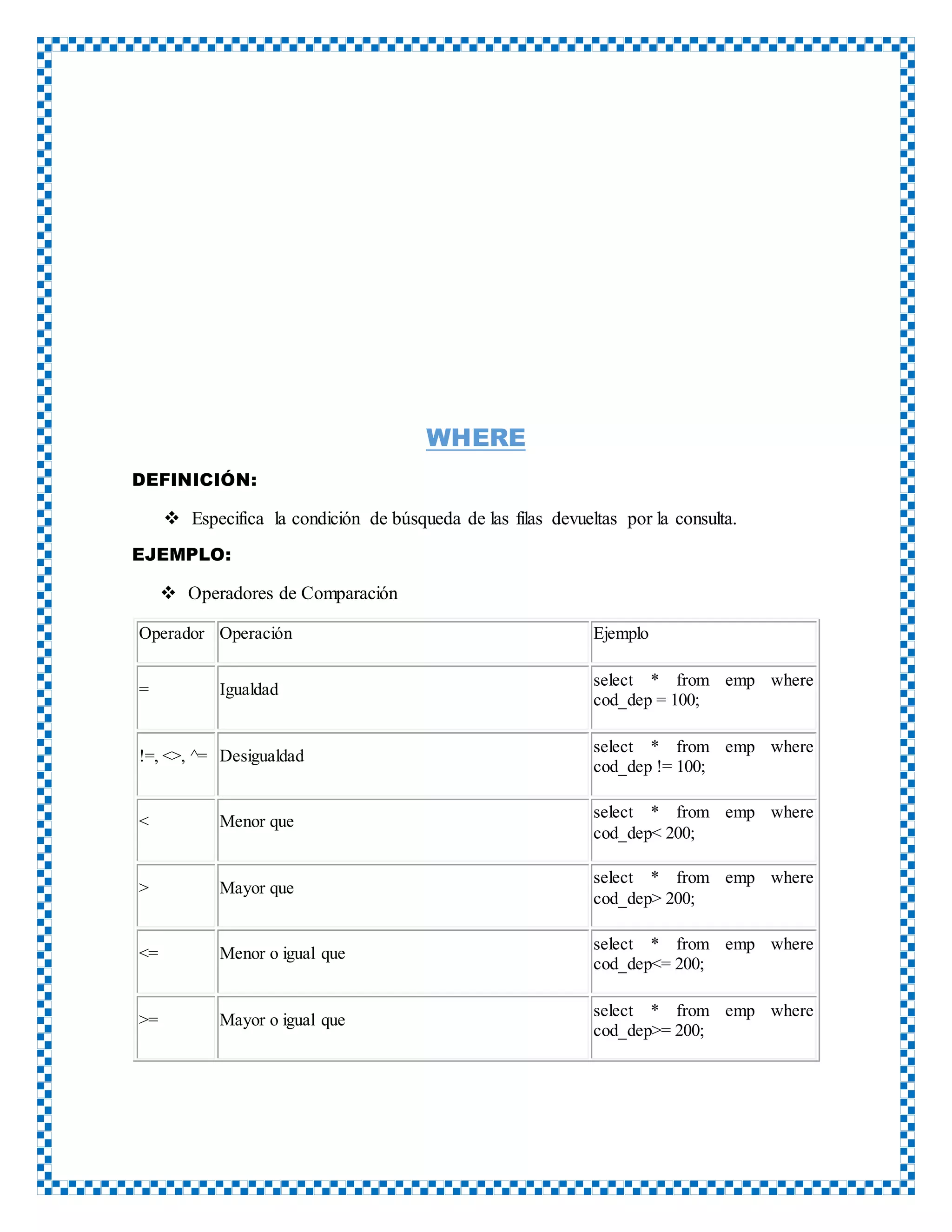 WHERE
DEFINICIÓN:
 Especifica la condición de búsqueda de las filas devueltas por la consulta.
EJEMPLO:
 Operadores de Comparación
Operador Operación Ejemplo
= Igualdad
select * from emp where
cod_dep = 100;
!=, <>, ^= Desigualdad
select * from emp where
cod_dep != 100;
< Menor que
select * from emp where
cod_dep< 200;
> Mayor que
select * from emp where
cod_dep> 200;
<= Menor o igual que
select * from emp where
cod_dep<= 200;
>= Mayor o igual que
select * from emp where
cod_dep>= 200;
 