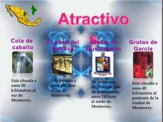 Está situada a   Está situado a   Se encuentra      Está situado a
unos 50          unos 200 kms     en el municipio   unos 40
kilómetros al    al sur de        de Bustamante,    kilómetros al
sur de           Monterrey.       unos 110 kms      poniente de la
Monterrey.                        al norte de       ciudad de
                                  Monterrey.        Monterrey.
 