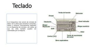 Teclado
Es el dispositivo más común de entrada de
datos. Se lo utiliza para introducir comandos,
textos y números. Estrictamente hablando,
es un dispositivo de entrada y de salida, ya
que los LEDs también pueden ser
controlados por la máquina.
 
