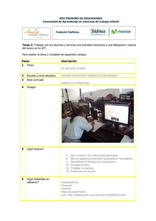 RED PRONIÑO DE EDUCADORES
                  Comunidad de Aprendizaje en entornos de trabajo infantil




Tarea 2: Trabajar con tus alumnos y alumnas una actividad interactiva y una Webquest o cacería
del tesoro en tu AFT.

Para realizar la tarea 2 completa los siguientes campos:

Pasos                            Descripción
1   Título
                                 EL DIA QUE YO NACI

2   Escuela y nivel educativo    CENTRO EDUCATIVO “ORIENTE ECUATORIANO”
3   Área curricular
                                 LENGUA Y LITERATURA
4   Imagen




5   ¿Qué hicieron?

                                     7.    Dar a conocer las indicaciones generales.
                                     8.    Abrir la página previamente guardada en marcadores.
                                     9.    Ejemplificar el trabajo con el proyector.
                                     10.   Corregir errores.
                                     11.   Trabajar en parejas.
                                     12.   Evaluación en el aula.

6   ¿Qué materiales se
    utilizaron?                  Computadoras.
                                 Proyector.
                                 Internet
                                 Hojas de papel bond.
                                 Link: http://platea.pntic.mec.es/erodri1/EJEMPLO3.htm
 