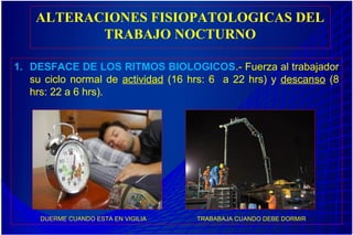 ALTERACIONES FISIOPATOLOGICAS DEL
TRABAJO NOCTURNO
1. DESFACE DE LOS RITMOS BIOLOGICOS.- Fuerza al trabajador
su ciclo normal de actividad (16 hrs: 6 a 22 hrs) y descanso (8
hrs: 22 a 6 hrs).
DUERME CUANDO ESTA EN VIGILIA TRABABAJA CUANDO DEBE DORMIR
 