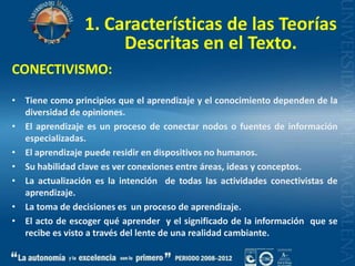1. Características de las Teorías Descritas en el Texto.CONECTIVISMO:Tiene como principios que el aprendizaje y el conocimiento dependen de la diversidad de opiniones.El aprendizaje es un proceso de conectar nodos o fuentes de información especializadas.El aprendizaje puede residir en dispositivos no humanos.Su habilidad clave es ver conexiones entre áreas, ideas y conceptos.La actualización es la intención  de todas las actividades conectivistas de aprendizaje.La toma de decisiones es  un proceso de aprendizaje.El acto de escoger qué aprender  y el significado de la información  que se recibe es visto a través del lente de una realidad cambiante.