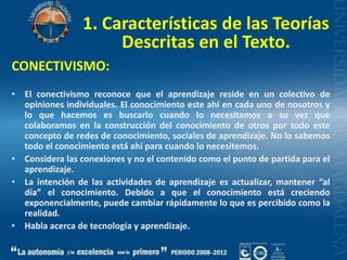 1. Características de las Teorías Descritas en el Texto.CONECTIVISMO:El conectivismo reconoce que el aprendizaje reside en un colectivo de opiniones individuales. El conocimiento este ahí en cada uno de nosotros y lo que hacemos es buscarlo cuando lo necesitamos a su vez que colaboramos en la construcción del conocimiento de otros por todo este concepto de redes de conocimiento, sociales de aprendizaje. No lo sabemos todo el conocimiento está ahí para cuando lo necesitemos.Considera las conexiones y no el contenido como el punto de partida para el aprendizaje.La intención de las actividades de aprendizaje es actualizar, mantener “al día” el conocimiento. Debido a que el conocimiento está creciendo exponencialmente, puede cambiar rápidamente lo que es percibido como la realidad.Habla acerca de tecnología y aprendizaje.