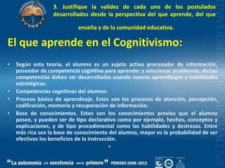 3. Justifique la validez de cada uno de los postulados desarrollados desde la perspectiva del que aprende, del que enseña y de la comunidad educativa.El que aprende en el Cognitivismo:Según esta teoría, el alumno es un sujeto activo procesador de información, poseedor de competencia cognitiva para aprender y solucionar problemas; dichas competencias deben ser desarrolladas usando nuevos aprendizajes y habilidades estratégicas.Competencias cognitivas del alumno:Proceso básico de aprendizaje. Estos son los procesos de atención, percepción, codificación, memoria y recuperación de información.Base de conocimientos. Estos son los conocimientos previos que el alumno posee, y pueden ser de tipo declarativo como por ejemplo, hechos, conceptos y explicaciones, y de tipo procedimental como las habilidades y destrezas. Entre más rica sea la base de conocimiento del alumno, mayor es la probabilidad de ser efectivos los beneficios de la instrucción.