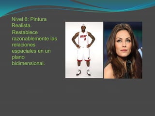 Nivel 6: Pintura
Realista.
Restablece
razonablemente las
relaciones
espaciales en un
plano
bidimensional.
 