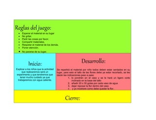 Reglas del juego:
 Esperar el material en su lugar
 No gritar.
 Pedir las cosas por favor.
 Compartir materiales.
 Respetar el material de los demás.
 Poner atención.
 No pararse de su lugar.
Inicio:
Explicar a los niños que la actividad
que realizaremos será un
experimento y que tendremos que
tener mucho cuidado ya que
trabajaremos con agua caliente.
Desarrollo:
Se repartirá el material por niño todos deben estar sentados en su
lugar, para esto el tallo de las flores debe ya estar recortado, se les
darán las indicaciones paso a paso
1. lo pondrán en el vaso y se le hará un ligero corte
inclinado en la base del tallo
2. añadir 20 o 30 gotas por cada vaso de agua
3. dejar reposar la flor dentro del vaso
4. y yo mostrare como debe quedar la flor.
Cierre:
 