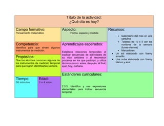 Título de la actividad:
¿Qué día es hoy?
Campo formativo:
Pensamiento matemático
Aspecto:
Forma, espacio y medida
Recursos:
 Calendario del mes en una
cartulina
 Tarjetas de 10 x 5 con los
nombres de la semana
(lunes-viernes)
 Marcadores
 Un sol elaborado con foamy
amarillo
 Una nube elaborada con foamy
blanco y azul
Competencia:
Identifica para que sirven algunos
instrumentos de medición.
Aprendizajes esperados:
Establece relaciones temporales al
explicar secuencias de actividades de
su vida cotidiana y al reconstruir
procesos en los que participó, y utiliza
términos como: antes, después, al final,
ayer, hoy, mañana.
Propósitos:
Que los alumnos conozcan algunos de
los instrumentos de medición temporal
para que logren identificarlas siempre.
Estándares curriculares:
2.3.3. Identifica y usa expresiones
elementales para indicar secuencia
temporal
Tiempo:
30 minutos
Edad:
3 a 4 años
 