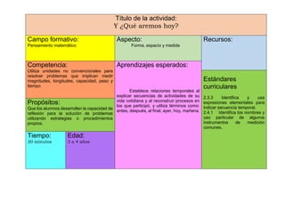 Título de la actividad:
Y ¿Qué aremos hoy?
Campo formativo:
Pensamiento matemático
Aspecto:
Forma, espacio y medida
Recursos:
Competencia:
Utiliza unidades no convencionales para
resolver problemas que implican medir
magnitudes, longitudes, capacidad, peso y
tiempo
Aprendizajes esperados:
Establece relaciones temporales al
explicar secuencias de actividades de su
vida cotidiana y al reconstruir procesos en
los que participó, y utiliza términos como:
antes, después, al final, ayer, hoy, mañana.
Estándares
curriculares
2.3.3 Identifica y usa
expresiones elementales para
indicar secuencia temporal.
2.4.1 Identifica los nombres y
uso particular de algunos
instrumentos de medición
comunes.
Propósitos:
Que los alumnos desarrollen la capacidad de
reflexión para la solución de problemas
utilizando estrategias o procedimientos
propios.
Tiempo:
30 minutos
Edad:
3 a 4 años
 