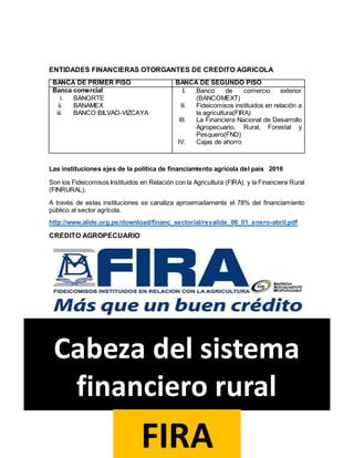 ENTIDADES FINANCIERAS OTORGANTES DE CREDITO AGRICOLA
BANCA DE PRIMER PISO BANCA DE SEGUNDO PISO
Banca comercial
i. BANORTE
ii. BANAMEX
iii. BANCO BILVAO-VIZCAYA
I. Banco de comercio exterior
(BANCOMEXT)
II. Fideicomisos instituidos en relación a
la agricultura(FIRA)
III. La Financiera Nacional de Desarrollo
Agropecuario, Rural, Forestal y
Pesquero(FND)
IV. Cajas de ahorro
Las instituciones ejes de la política de financiamiento agrícola del país 2016
Son los Fideicomisos Instituidos en Relación con la Agricultura (FIRA), y la Financiera Rural
(FINRURAL).
A través de estas instituciones se canaliza aproximadamente el 78% del financiamiento
público al sector agrícola.
http://www.alide.org.pe/download/financ_sectorial/revalide_06_01_enero-abril.pdf
CREDITO AGROPECUARIO
Cabeza del sistema
financiero rural
FIRA
 