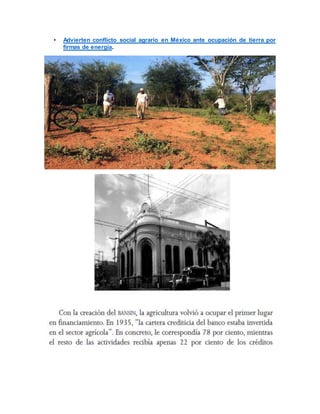 • Advierten conflicto social agrario en México ante ocupación de tierra por
firmas de energía.
 