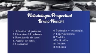 MetodologíaProyectual
BrunoMunari
1. Definición del problema
2. Elementos del problema
3. Recopilación de datos
4. Análisi...