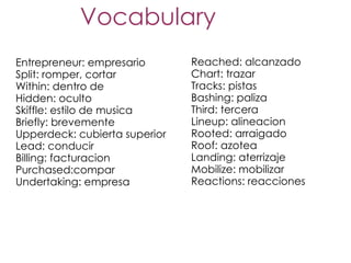 Vocabulary
Entrepreneur: empresario       Reached: alcanzado
Split: romper, cortar          Chart: trazar
Within: dentro de              Tracks: pistas
Hidden: oculto                 Bashing: paliza
Skiffle: estilo de musica      Third: tercera
Briefly: brevemente            Lineup: alineacion
Upperdeck: cubierta superior   Rooted: arraigado
Lead: conducir                 Roof: azotea
Billing: facturacion           Landing: aterrizaje
Purchased:compar               Mobilize: mobilizar
Undertaking: empresa           Reactions: reacciones
 