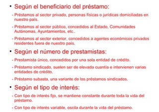 
     Según el beneficiario del préstamo:
    - Préstamos al sector privado, personas físicas o jurídicas domiciliadas en
      nuestro país.
    - Préstamos al sector público, concedidos al Estado, Comunidades
      Autónomas, Ayuntamientos, etc..
    - Préstamos al sector exterior, concedidos a agentes económicos privados
      residentes fuera de nuestro país.

     Según el número de prestamistas:
    - Prestamista único, concedidos por una sola entidad de crédito.
    - Préstamo sindicado, suelen ser de elevada cuantía e intervienen varias
      entidades de crédito.
    - Préstamo subasta, una variante de los préstamos sindicados.

     Según el tipo de interés:
    - Con tipo de interés fijo, se mantiene constante durante toda la vida del
      préstamo.
    - Con tipo de interés variable, oscila durante la vida del préstamo.
 