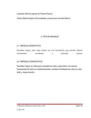 Leopoldo (Difunto esposo de Teresa Pizarro)

Carlos Alberto Quijano (Ex empleado y actual socio de doña María)




                                 5. TIPO DE MENSAJE




5.1. MENSAJE DENOTATIVO

Esmaltes Vogue: para uñas creado con una formulación que permite obtener
impactantes,               novedosos        y          atrevidos           colores.



5.2. MENSAJE CONNOTATIVO

Esmaltes Vogue: se utiliza para maquillar las uñas y decorarlas, sus colores
impactantes las hace ver resplandecientes, mantiene hidratadas las uñas con alto
brillo y larga duración.




1. Morales, Hollmann, A puro Pulso, P 46                                  Página 10

2. Ibit, P 47
 