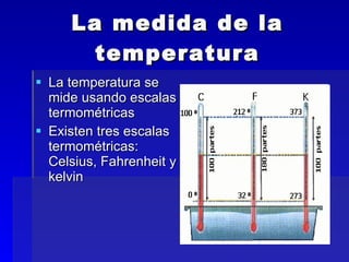 La medida de la temperatura La temperatura se mide usando escalas termométricas Existen tres escalas termométricas: Celsius, Fahrenheit y kelvin 