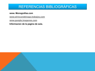 REFERENCIAS BIBLIOGRÁFICAS
www. Monografias.com
www.elrincondelvago.trabajos.com
www.google.imagenes.com
Informacion de la pagina de saia.
 