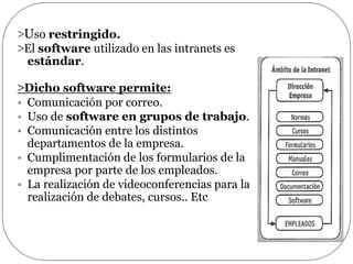 >Uso restringido.
>El software utilizado en las intranets es
estándar.
>Dicho software permite:
• Comunicación por correo.
• Uso de software en grupos de trabajo.
• Comunicación entre los distintos
departamentos de la empresa.
• Cumplimentación de los formularios de la
empresa por parte de los empleados.
• La realización de videoconferencias para la
realización de debates, cursos.. Etc
 