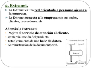 2. Extranet.
➢ La Extranet es una red orientada a personas ajenas a
la empresa.
➢ La Extranet conecta a la empresa con sus socios,
clientes, proveedores..etc.
Además la Extranet:
▪ Mejora el servicio de atención al cliente.
▪ Comercialización del producto.
▪ Establecimiento de una base de datos.
▪ Administración de la documentación.
 
