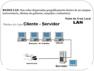 REDES LAN: Son redes dispersadas geográficamente dentro de un campus
(universitario, oficinas de gobierno, maquilas o industrias).
 
