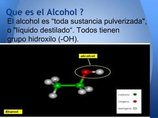 Que es el Alcohol ?
El alcohol es “toda sustancia pulverizada",
o "líquido destilado“. Todos tienen
grupo hidroxilo (-OH).

 