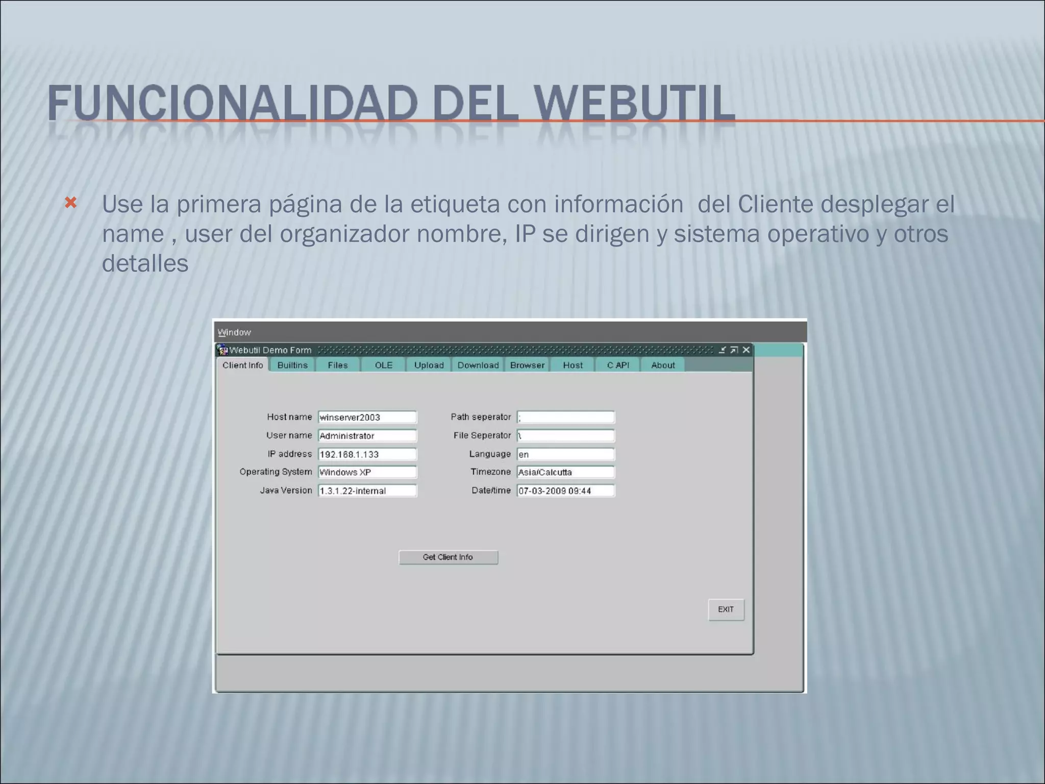 Use la primera página de la etiqueta con información  del Cliente desplegar el name , user del organizador nombre, IP se dirigen y sistema operativo y otros detalles 