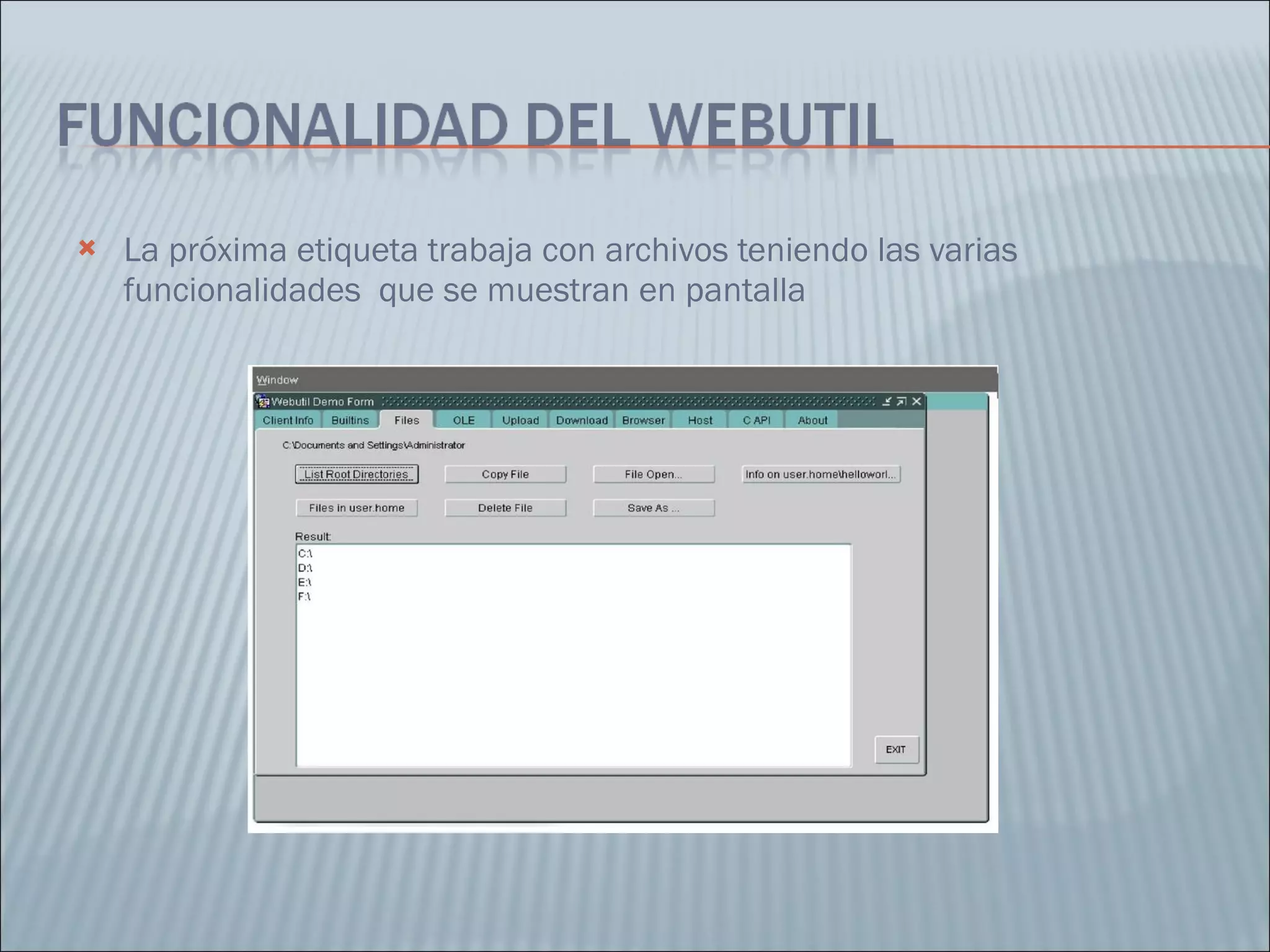 La próxima etiqueta trabaja con archivos teniendo las varias funcionalidades  que se muestran en pantalla  