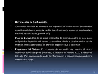  Herramientas de Configuración:
 Aplicaciones o cuadros de información que le permiten al usuario conocer características
específicas del sistema (equipo) y cambiar la configuración de algunos de sus dispositivos
hardware (teclado, Mouse, pantalla, etc.)
 Panel de Control. Una de las tareas importantes del sistema operativo es la de poder
configurar los dispositivos del sistema computacional, desde el panel de control permite
modificar estas características a los diferentes dispositivos que la conforman.
 Propiedades del Sistema. Es un cuadro de información que muestra al usuario
información acerca del tipo de procesador, la capacidad de memoria RAM, la versión del
S.O., etc.• Para acceder a este cuadro de información en la opción propiedades del menú
contextual del equipo.
DIFERENCIAR LAS FUNCIONES DEL SISTEMA OPERATIVO 13
 