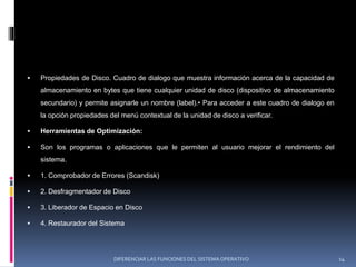  Propiedades de Disco. Cuadro de dialogo que muestra información acerca de la capacidad de
almacenamiento en bytes que tiene cualquier unidad de disco (dispositivo de almacenamiento
secundario) y permite asignarle un nombre (label).• Para acceder a este cuadro de dialogo en
la opción propiedades del menú contextual de la unidad de disco a verificar.
 Herramientas de Optimización:
 Son los programas o aplicaciones que le permiten al usuario mejorar el rendimiento del
sistema.
 1. Comprobador de Errores (Scandisk)
 2. Desfragmentador de Disco
 3. Liberador de Espacio en Disco
 4. Restaurador del Sistema
DIFERENCIAR LAS FUNCIONES DEL SISTEMA OPERATIVO 14
 