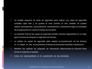  Un posible esquema de copia de seguridad sería realizar una copia de seguridad
completa cada mes y se guarda la cinta durante un año, también se pueden
realizar mensualmente, quincenalmente, semanalmente o diariamente según la necesidad
de la organización en cuanto al manejo de sus datos.
 La ubicación final de las copias de seguridad también necesita resguardarse en un lugar
ajeno al centro de cómputo un lugar libre de intrusos.
 La política de copias de seguridad debe realizar la reconstrucción de los ficheros
en el estado en que se encontraban al tiempo de producirse la pérdida o destrucción.
 Identifica las políticas de resguardo de información, seleccionando la ubicación física
donde se realizará el respaldo.
 Actúa con responsabilidad en el cumplimiento de las actividades.
DIFERENCIAR LAS FUNCIONES DEL SISTEMA OPERATIVO 22
 
