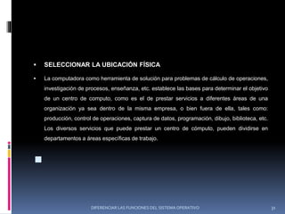  SELECCIONAR LA UBICACIÓN FÍSICA
 La computadora como herramienta de solución para problemas de cálculo de operaciones,
investigación de procesos, enseñanza, etc. establece las bases para determinar el objetivo
de un centro de computo, como es el de prestar servicios a diferentes áreas de una
organización ya sea dentro de la misma empresa, o bien fuera de ella, tales como:
producción, control de operaciones, captura de datos, programación, dibujo, biblioteca, etc.
Los diversos servicios que puede prestar un centro de cómputo, pueden dividirse en
departamentos a áreas específicas de trabajo.

DIFERENCIAR LAS FUNCIONES DEL SISTEMA OPERATIVO 31
 