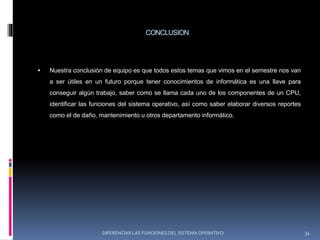 CONCLUSION
 Nuestra conclusión de equipo es que todos estos temas que vimos en el semestre nos van
a ser útiles en un futuro porque tener conocimientos de informática es una llave para
conseguir algún trabajo, saber como se llama cada uno de los componentes de un CPU,
identificar las funciones del sistema operativo, así como saber elaborar diversos reportes
como el de daño, mantenimiento u otros departamento informático.
DIFERENCIAR LAS FUNCIONES DEL SISTEMA OPERATIVO 34
 