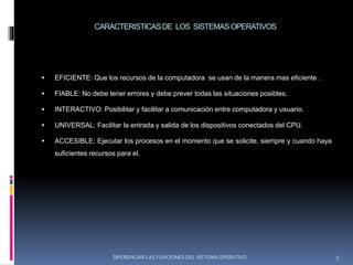 CARACTERISTICASDE LOS SISTEMAS OPERATIVOS
 EFICIENTE: Que los recursos de la computadora se usan de la manera mas eficiente .
 FIABLE: No debe tener errores y debe prever todas las situaciones posibles.
 INTERACTIVO: Posibilitar y facilitar a comunicación entre computadora y usuario.
 UNIVERSAL: Facilitar la entrada y salida de los dispositivos conectados del CPU.
 ACCESIBLE: Ejecutar los procesos en el momento que se solicite, siempre y cuando haya
suficientes recursos para el.
DIFERENCIAR LAS FUNCIONES DEL SISTEMA OPERATIVO 5
 
