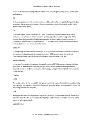 Tatiana Andrea Gómez García- Sistemas
I.E. Prb Antonio José Bernal Londoño S.J
El tipode informaciónque se puede almacenarenlascintasmagnéticasesvariado,comovídeo,
audioy datos.
CD
El discocompacto (conocidopopularmentecomoCD,por lassiglaseninglésde CompactDisc) es
un soporte digital ópticoutilizadoparaalmacenarcualquiertipode información(audio,vídeo,
documentosyotrosdatos).
DVD
El DVD,del inglés"Digital Versatile Disc"("DiscoVersátil Digital") debidoasu popularusoen
películas,esunformatode almacenamientoópticoque puede serusadoparaguardar datos,
incluyendopelículasconaltacalidadde vídeoy audio.Se asemejaalosdiscoscompactosen
cuanto a susdimensionesfísicas(diámetrode 12 u 8 centímetros),peroestáncodificadosenun
formatodistintoya una densidadmuchomayor.
DISCOZIP
El IomegaZip(tambiénllamadounidadZipodiscoZip) esunaunidadde almacenamientomasiva
extraíble de mediacapacidad,lanzadaporIomegaen1994. La primeraversiónteníauna
capacidadde 100 MB, peroversionesposterioresloampliarona250 y750 MB.
MEMORIA FLASH
La memoriaflashesunaformadesarrolladade lamemoriaEEPROMque permite que múltiples
posicionesde memoriaseanescritasoborradasenuna mismaoperaciónde programación
mediante impulsoseléctricos,frentealasanterioresque sólopermiteescribiroborrar unaúnica
celdacada vez.
*English
HARD
The hard drive isa device nonvolatile storage,ie retainsinformationthathasbeenstoredcorrectly
evenwiththe lossof energy,usesadigital magneticrecording,where inmostcasesitisstoredthe
operatingsystemof the computer.
DISK
A floppydiskordiskette (floppydiskinEnglishordiskette) isadata storage mediumconsistingof
a circular magnetic,thinandflexiblematerialpart(hence the name) enclosedinahousingwitha
square or rectangularplastic.
MAGNETIC TAPE
 