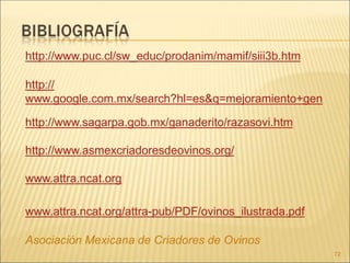 http://www.puc.cl/sw_educ/prodanim/mamif/siii3b.htm
http://
www.google.com.mx/search?hl=es&q=mejoramiento+gen
http://www.sagarpa.gob.mx/ganaderito/razasovi.htm
http://www.asmexcriadoresdeovinos.org/
www.attra.ncat.org
www.attra.ncat.org/attra-pub/PDF/ovinos_ilustrada.pdf
Asociación Mexicana de Criadores de Ovinos
72
 