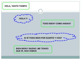 HOLA, TANTO TIEMPO




           HOLA !!!

                               TODO BIEN? COMO ANDAS?




               SI SÍ TODO BIEN POR SUERTE Y VOS?




         BIEN BIEN!!! BUENO ,ME TENGO
         QUE IR, NOS VEMOS
 