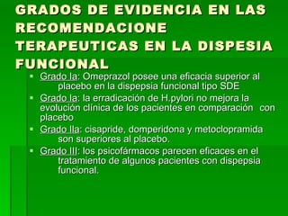GRADOS DE EVIDENCIA EN LAS RECOMENDACIONE TERAPEUTICAS EN LA DISPESIA FUNCIONAL Grado Ia : Omeprazol posee una eficacia superior al  placebo en la dispepsia funcional tipo SDE Grado Ia : la erradicación de H.pylori no mejora la  evolución clínica de los pacientes en comparación  con placebo Grado Ila : cisapride, domperidona y metoclopramida  son superiores al placebo. Grado III : los psicofármacos parecen eficaces en el  tratamiento de algunos pacientes con dispepsia  funcional.  