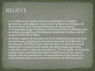  La ciudad se encuentra casi en su totalidad en la región

pampeana, salvo algunas zonas como la Reserva Ecológica de
Buenos Aires, la ex Ciudad Deportiva de Boca Juniors,
el Aeroparque Jorge Newbery, o el barrio de Puerto Madero, que
se hallan emergidas artificialmente mediante el relleno de las
costas del Río de la Plata.
 El límite original de la costa con el río estaba dado por una serie
de barrancas, surgidas por las variaciones del nivel del mar (y
del estuario del Plata) hace miles de años. La serie de arroyos
implicaba la existencia de zonas más deprimidas que otras,
conocidas como "valles de inundación". De tal modo, el territorio
poseía suaves ondulaciones interrumpidas por el sur, ante el
amplio valle de inundación correspondiente al Riachuelo. La
zona más elevada se encuentra en el barrio de Monte Castro.

 
