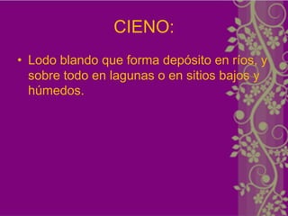 CIENO:
• Lodo blando que forma depósito en ríos, y
  sobre todo en lagunas o en sitios bajos y
  húmedos.
 