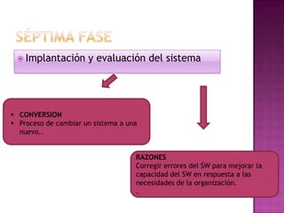  Implantación       y evaluación del sistema




 CONVERSION
 Proceso de cambiar un sistema a una
  nuevo..


                                    RAZONES
                                    Corregir errores del SW para mejorar la
                                    capacidad del SW en respuesta a las
                                    necesidades de la organización.
                                    .
 