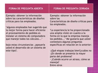 FORMA DE PREGUNTA ABIERTA               FORMA DE PREGUNTA CERRADA

Ejemplo: obtener la información        Ejemplo: obtener la información
sobre las características de diseños   sobre las
críticas para los empleados.           Características de diseño críticas para
                                       los empleados.
"algunos empleados han sugerido que
la mejor forma para hacer eficiente    "La experiencia le ha proporcionado
el procesamiento de pedidos es         una amplia visión en cuanto a la
instalar un sistema de computadora     forma en la que la empresa maneja
que maneje todos los cálculos..."      los pedidos..." Me gustaría que usted
                                       contestara algunas preguntas
bajo estas circunstancias ¿apoyaría    específicas en relación en lo anterior:
usted el desarrollo de un sistema de
este tipo?.                            -¿Qué etapas trabajas bien?¿cuáles no
                                       -¿En donde se presenta la mayor
                                       parte del problema?
                                       - ¿Cuándo ocurre un atraso, cómo se
                                       maneja?
                                       Entre otros
 