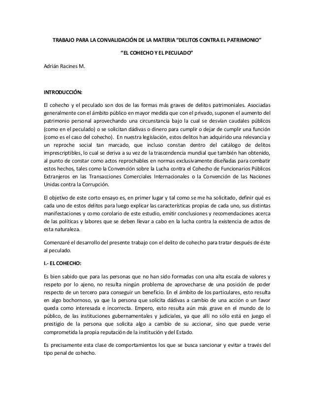TRABAJO PARA LA CONVALIDACIÓN DE LA MATERIA “DELITOS CONTRA EL PATRIMONIO”                                  “EL COHECHO Y ...