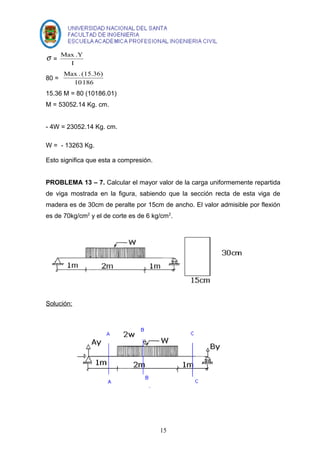 Max .Y 
s = I 
80 = 
Max . (15.36) 
10 186 
15.36 M = 80 (10186.01) 
M = 53052.14 Kg. cm. 
- 4W = 23052.14 Kg. cm. 
W = - 13263 Kg. 
Esto significa que esta a compresión. 
PROBLEMA 13 – 7. Calcular el mayor valor de la carga uniformemente repartida 
de viga mostrada en la figura, sabiendo que la sección recta de esta viga de 
madera es de 30cm de peralte por 15cm de ancho. El valor admisible por flexión 
es de 70kg/cm2 y el de corte es de 6 kg/cm2. 
Solución: 
15 
 