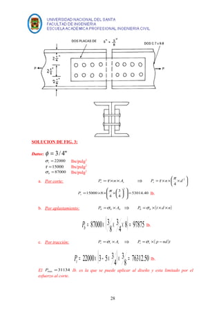SOLUCION DE FIG. 3: 
Datos: f = 3/ 4" 
= 22000 t s 
lbs/pulg2 
t =15000 lbs/pulg2 
=87000 b s lbs/pulg2 
t p 
= ´ ´æ ´ 2 
ö çè 
a. Por corte: P =t ÷ø 
´ n ´ A Þ P n d s s s 
4 
P = ´ ´ p ´æ 
3 
53014.40 
s lb. 
4 
4 
15000 8 
2 
ö 
= ÷ ÷ 
ø 
æ 
ç ç 
è 
÷øö çè 
b. Por aplastamiento: b b b P =s ´ A Þ P (t d n) b b =s ´ ´ ´ 
( 4 8) 97875 
= 87000´ 3 ´ ´ = b P lb. 
3 
8 
c. Por tracción: t t t P =s ´ A Þ P ( p nd )t t t =s ´ - 
( ) 8 76312.50 
= 22000´ 3- 5´ 3 ´ = t P 
3 
4 
lb. 
El 31134 max P = lb. es la que se puede aplicar al diseño y esta limitado por el 
esfuerzo al corte. 
28 
 