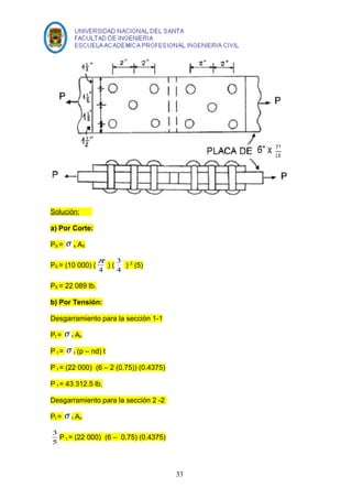 Solución: 
a) Por Corte: 
PS = s s AS 
p ) ( 4 
PS = (10 000) ( 4 
3 ) 2 (5) 
PS = 22 089 lb. 
b) Por Tensión: 
Desgarramiento para la sección 1-1 
Pt = s t An 
P t = s t (p – nd) t 
P t = (22 000) (6 – 2 (0.75)) (0.4375) 
P t = 43 312.5 lb. 
Desgarramiento para la sección 2 -2 
Pt = s t An 
3 P t = (22 000) (6 – 0.75) (0.4375) 
5 
33 
 