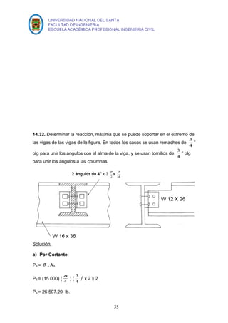 14.32. Determinar la reacción, máxima que se puede soportar en el extremo de 
las vigas de las vigas de la figura. En todos los casos se usan remaches de 4 
3 ” 
3 ” plg 
plg para unir los ángulos con el alma de la viga, y se usan tornillos de 4 
para unir los ángulos a las columnas. 
Solución: 
a) Por Cortante: 
PS = s s AS 
p ) ( 4 
PS = (15 000) ( 4 
3 )2 x 2 x 2 
PS = 26 507.20 lb. 
35 
 