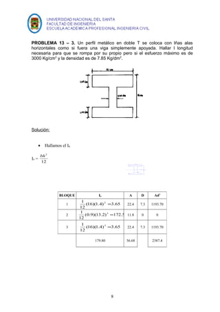 PROBLEMA 13 – 3. Un perfil metálico en doble T se coloca con lñas alas 
horizontales como si fuera una viga simplemente apoyada. Hallar l longitud 
necesaria para que se rompa por su propio pero si el esfuerzo máximo es de 
3000 Kg/cm2 y la densidad es de 7.85 Kg/dm2. 
Solución: 
· Hallamos el I0 
Io = 
bh3 
12 
BLOQUE Io A D Ad2 
1 2 = 22.4 7.3 1193.70 
1 (16)(1.4) 3.65 
12 
1 3 = 11.8 0 0 
2 (0.9)(13.2) 172.50 
12 
1 3 = 22.4 7.3 1193.70 
3 (16)(1.4) 3.65 
12 
179.80 56.68 2387.4 
8 
 