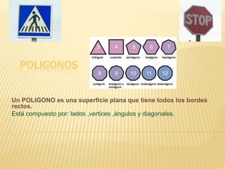 POLIGONOS
Un POLIGONO es una superficie plana que tiene todos los bordes
rectos.
Está compuesto por: lados ,vertices ,ángulos y diagonales.
 